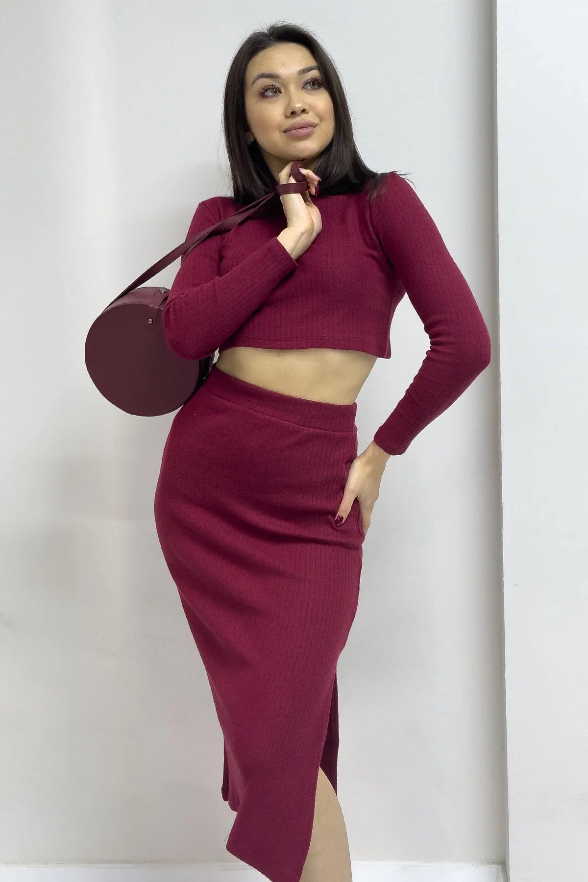 Women's Burgundy Skirt Crop Two-Piece Set