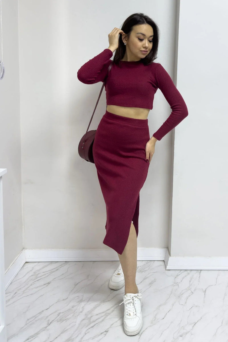 Women's Burgundy Skirt Crop Two-Piece Set