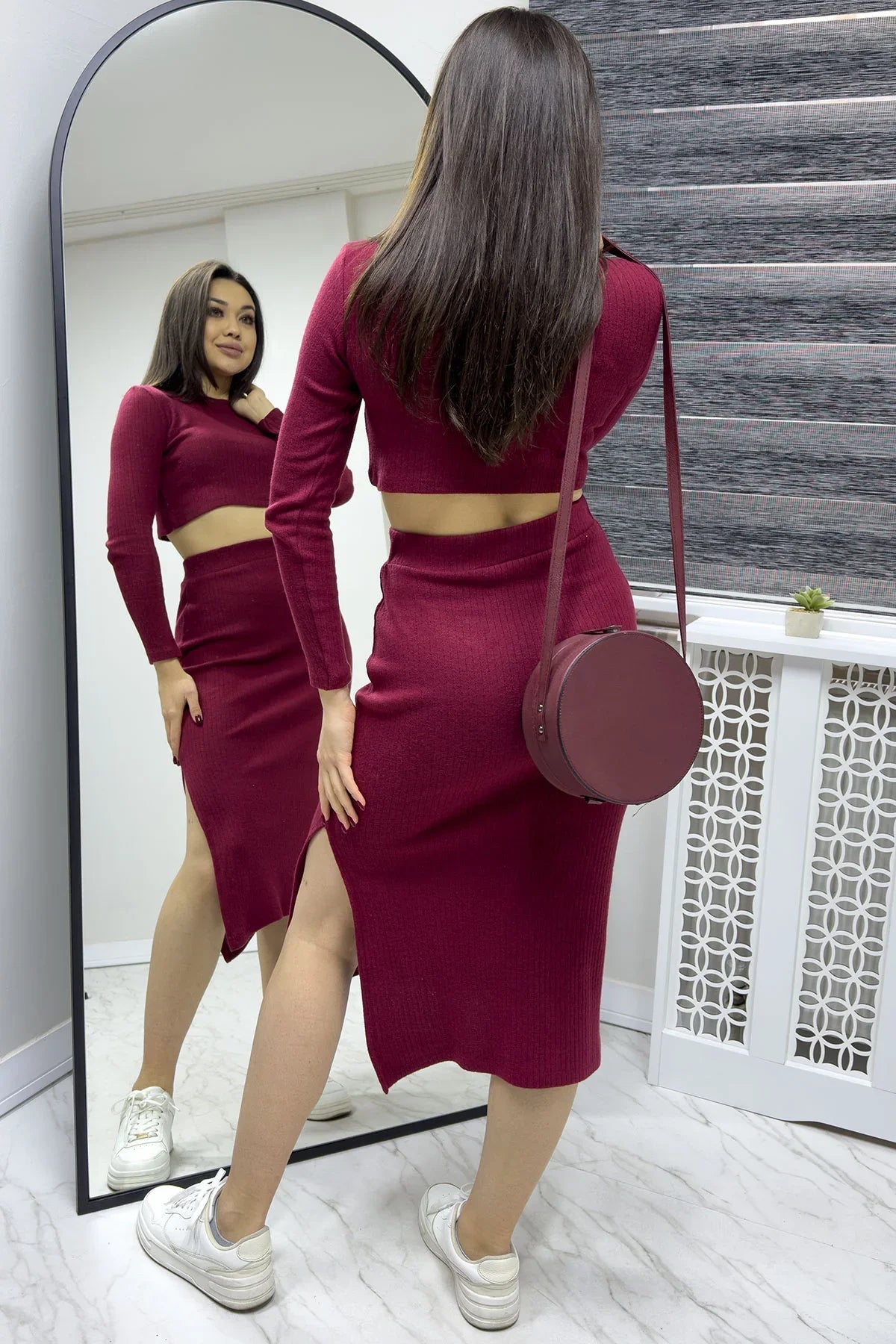Women's Burgundy Skirt Crop Two-Piece Set