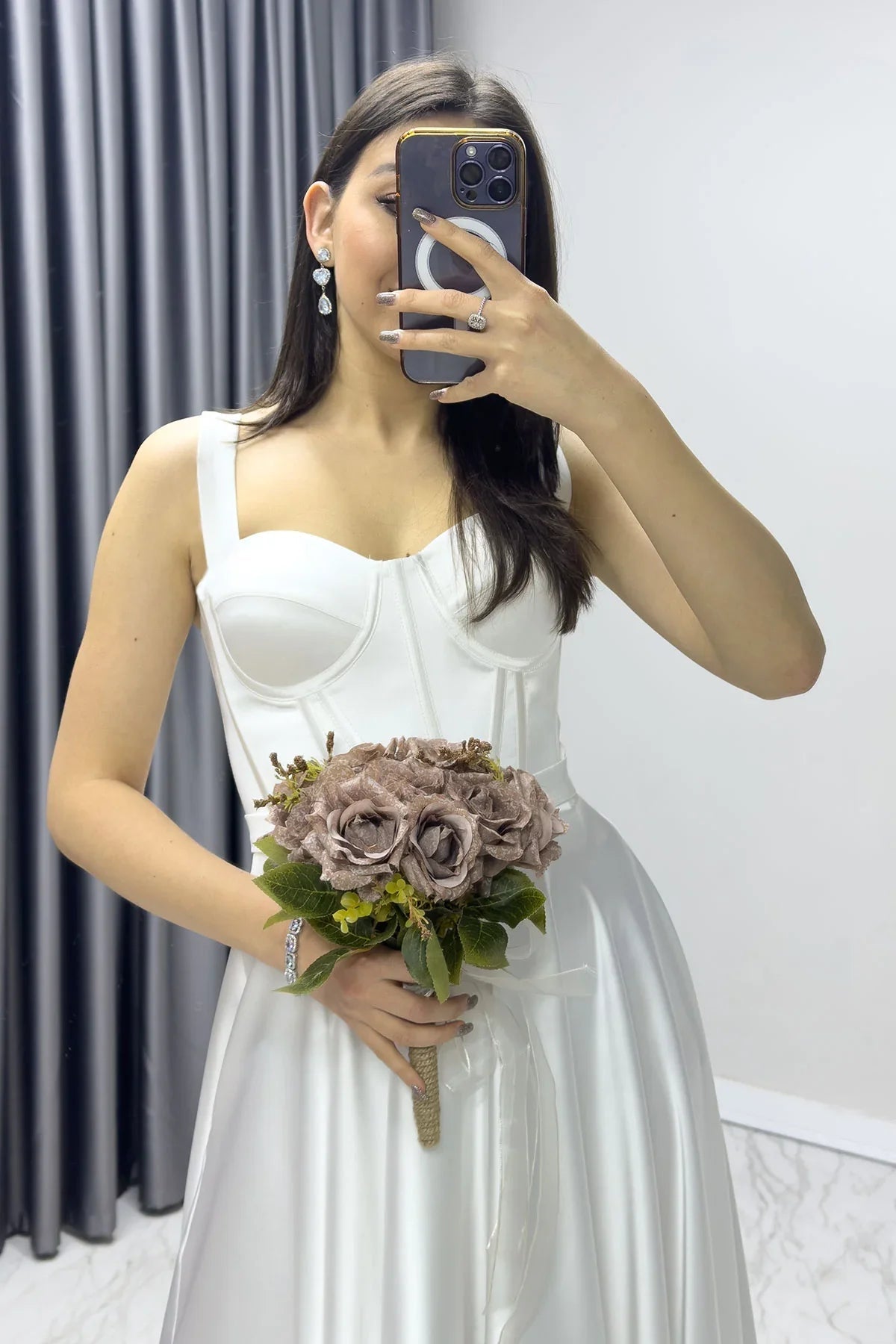 Women's White Gloplu Sırtı Bağcıklı Satin Strap Midi Evening Gown