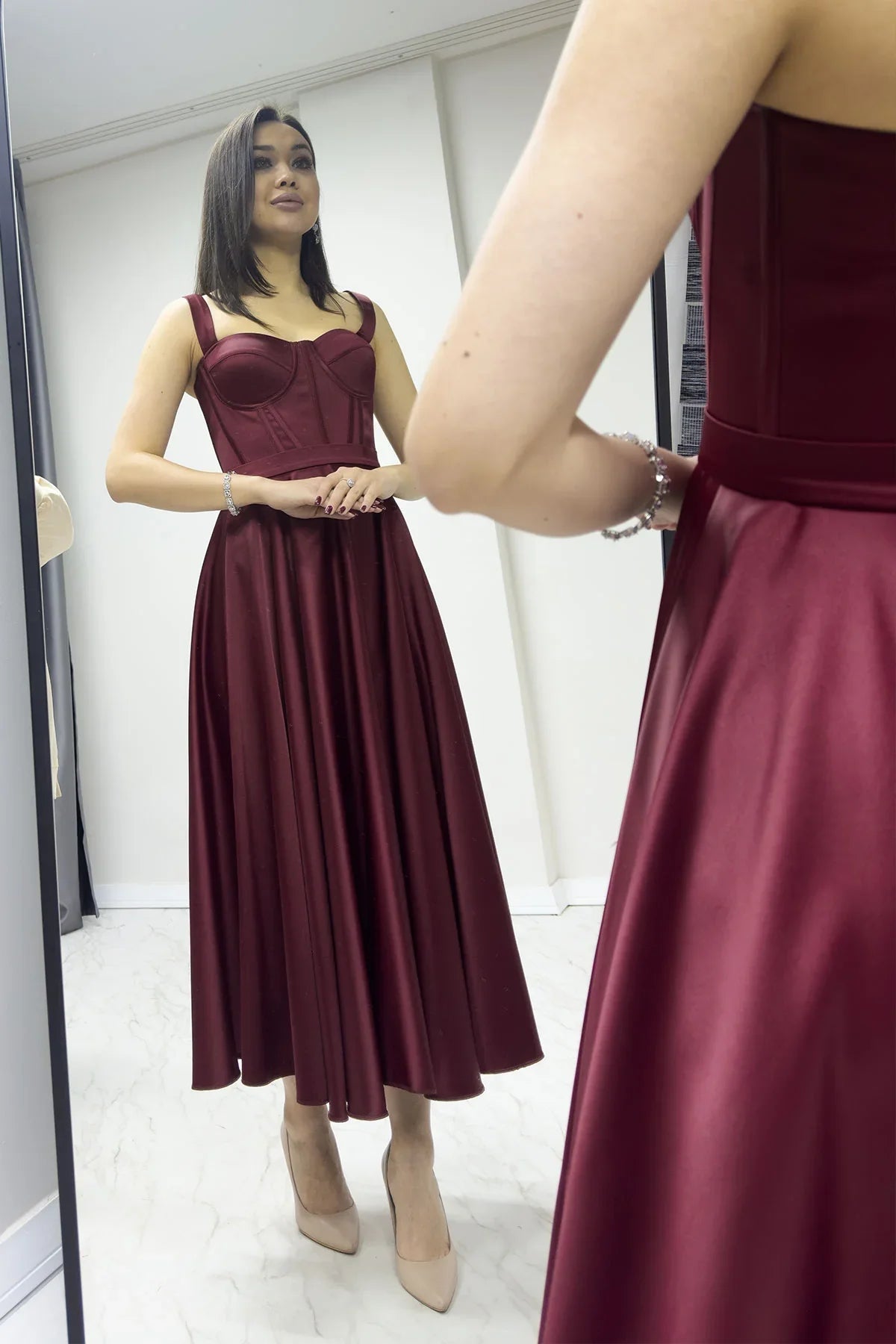 Women's Burgundy Gloplu Sırtı Bağcıklı Satin Strap Midi Evening Gown