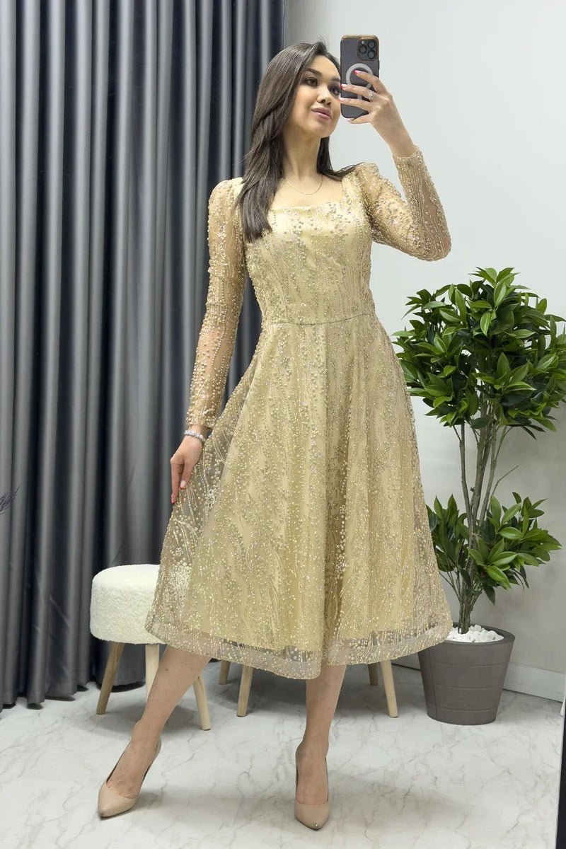 Women's Gold Square Neck Glitter Embroidered Flared Evening Gown