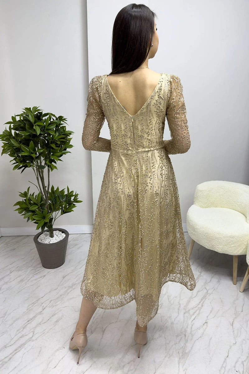 Women's Gold Square Neck Glitter Embroidered Flared Evening Gown