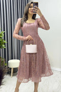 Powder Pink Square Neck Glitter Embroidered Flared Evening Dress