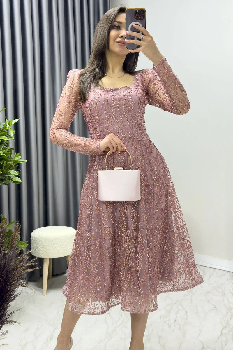 Women's Powder Pink Square Neck Glitter Embroidered Flared Evening Gown