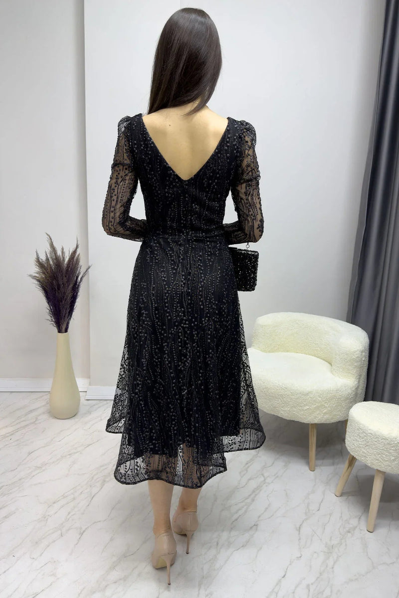 Women's Black Square Neck Glitter Embroidered Flared Evening Gown