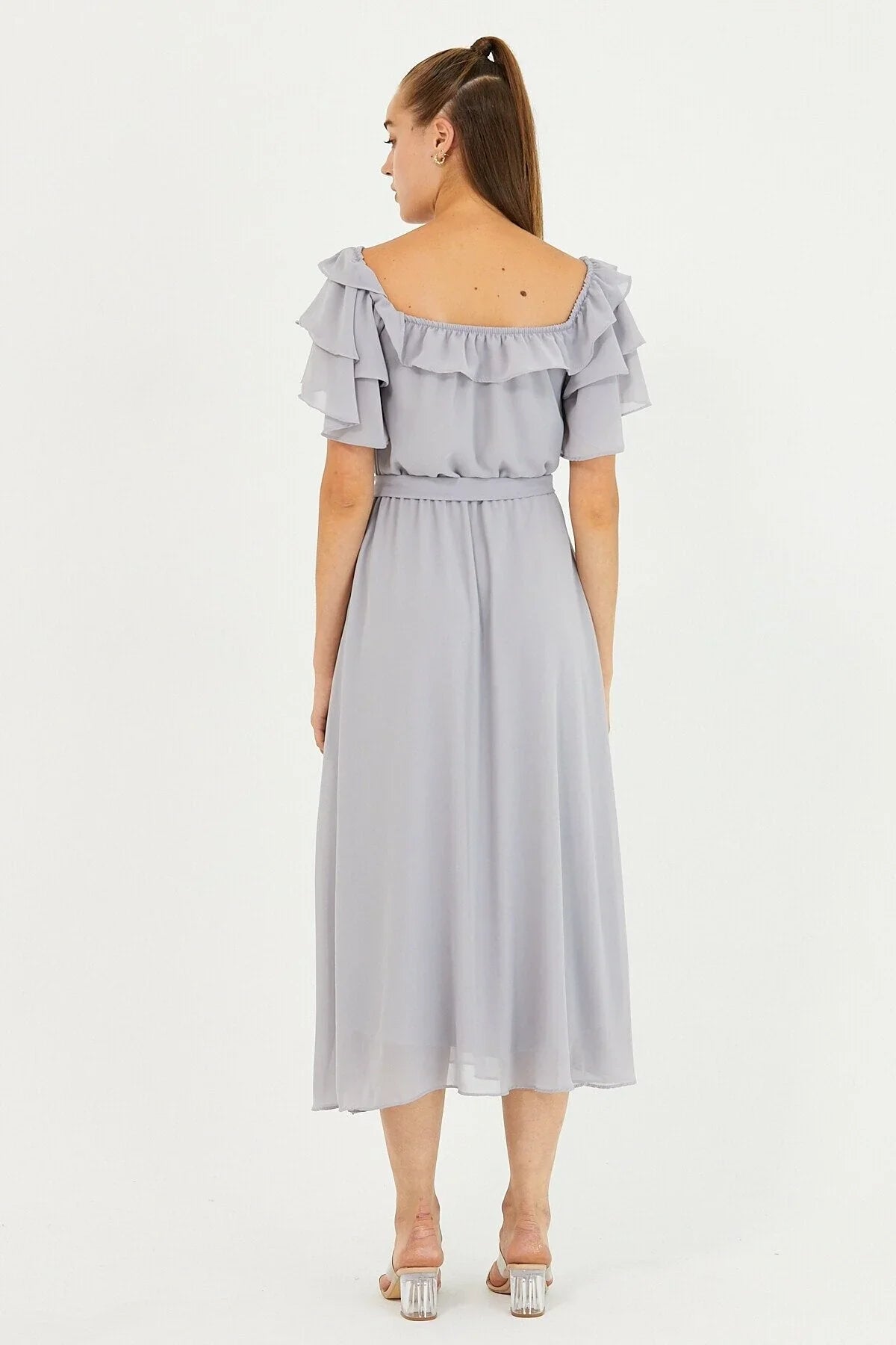 Women's Gray Ruffled Madonna Collar Plus Size Chiffon Dress