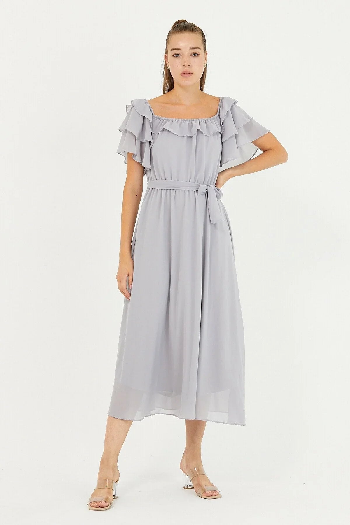 Women's Gray Ruffled Madonna Collar Plus Size Chiffon Dress
