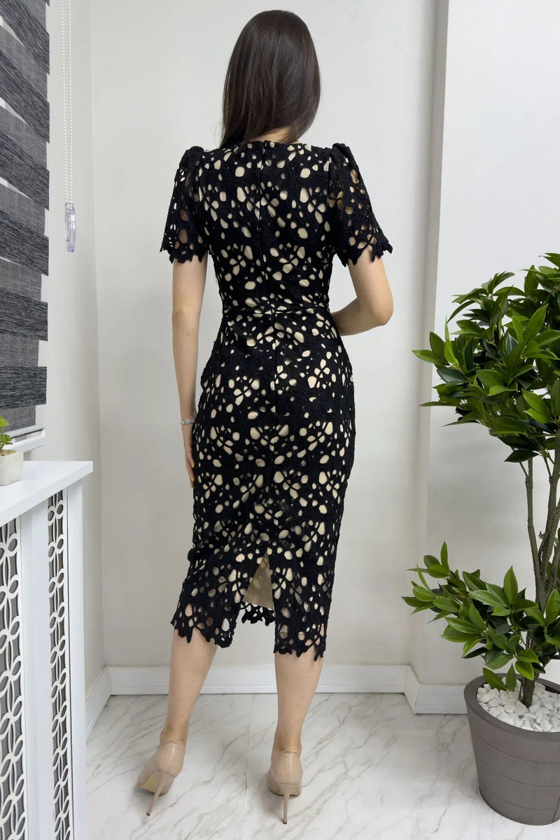 Women's Black Güpür Detail Short Sleevelu Dress