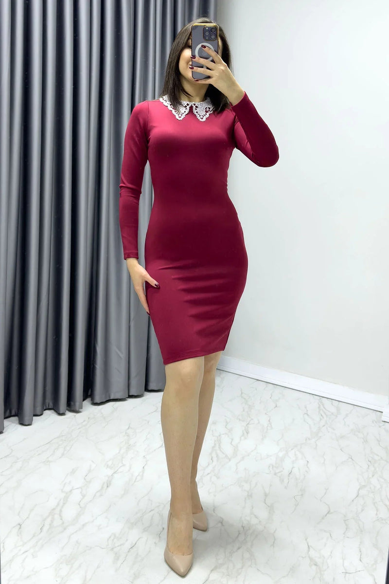Women's Burgundy Guipure Önlük Neck Dress