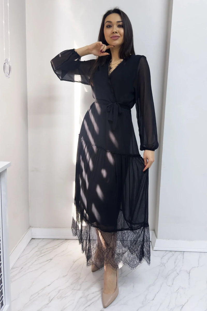 Women's Black Wrap Guipure Neck Chiffon Plus Size Dress