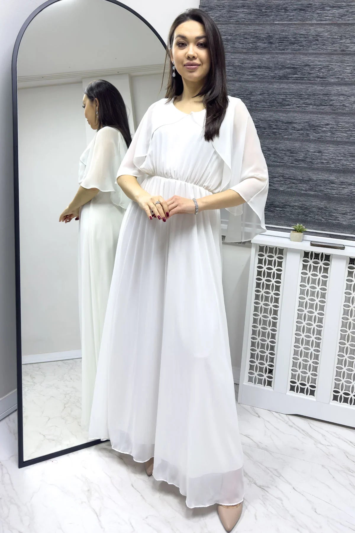 Women's White Chiffon Pelerin Dress