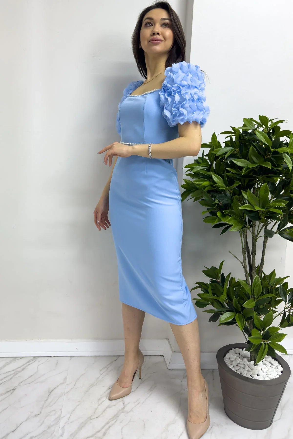 Women's Baby Bluesi İnci detay Pencil Prenses Sleeve Tasarım Dress