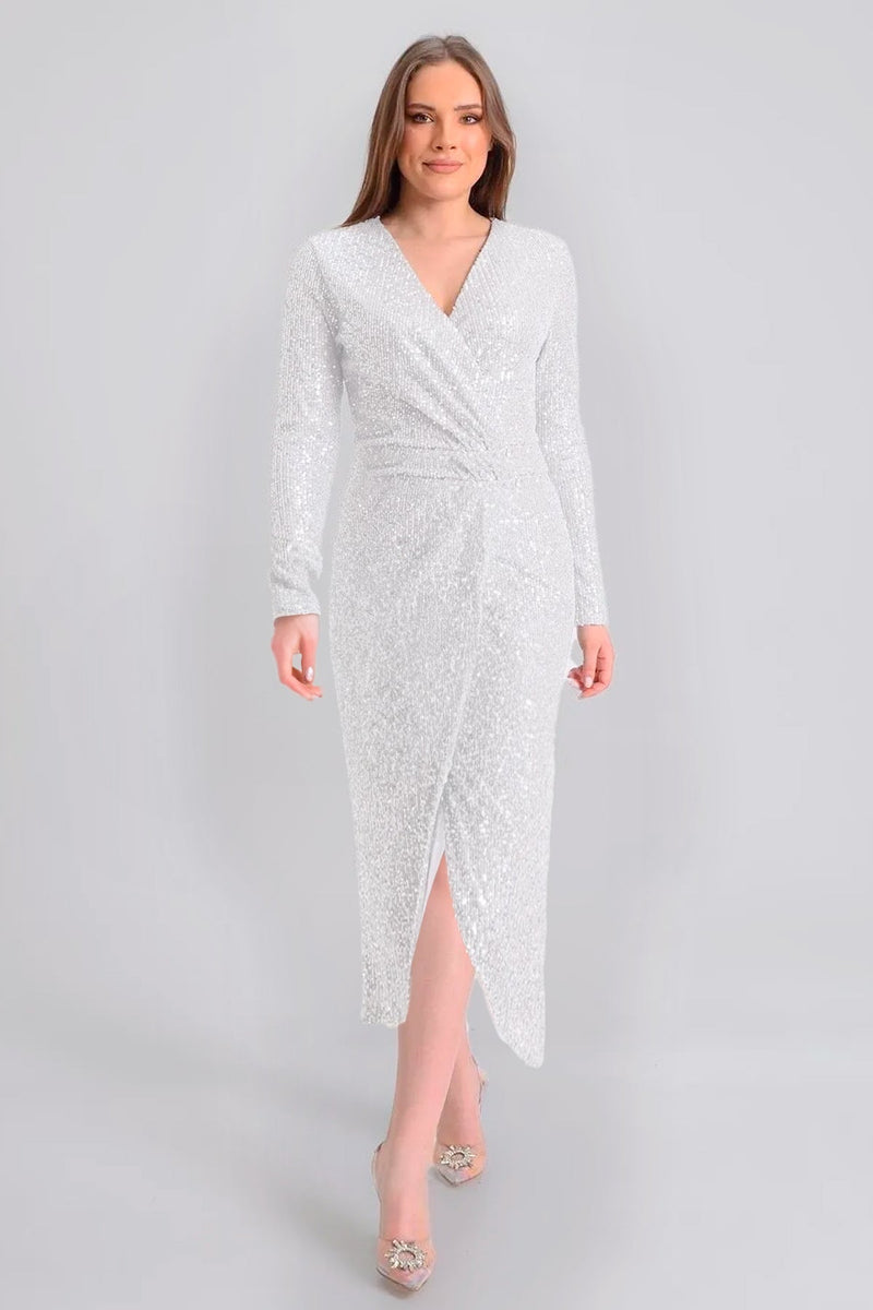 Women's White Wrap Neck Sequin Tasarım Plus Size Evening Gown