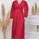 Burgundy Cross-Over Neck Midi Length Chiffon Dress