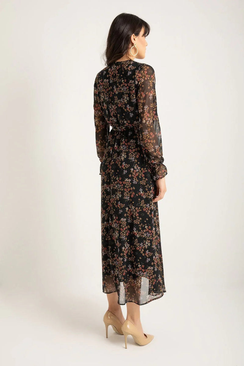 Women's Patterned Wrap Neck Chiffon Dress