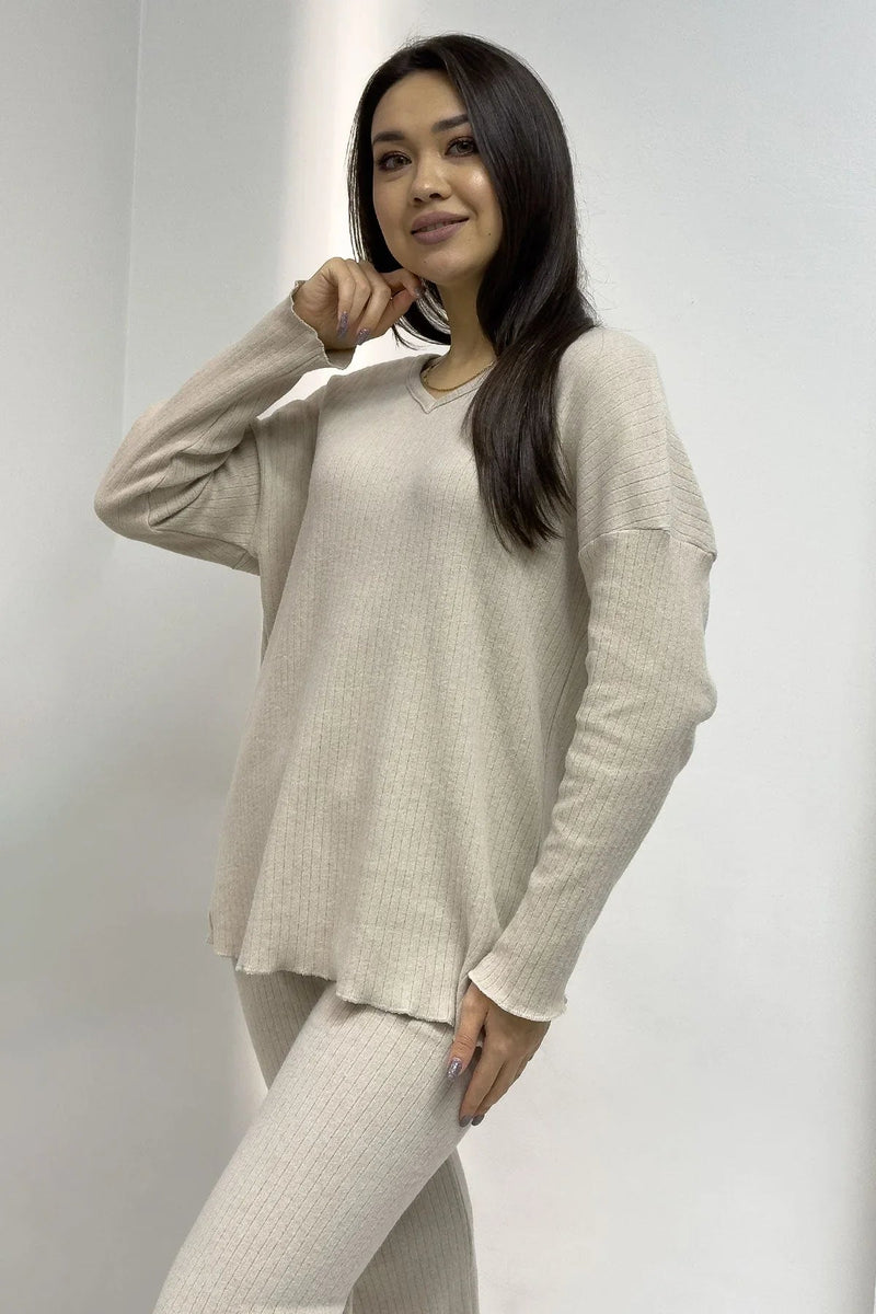 Women's Ecru V-Neck Co-ord Set