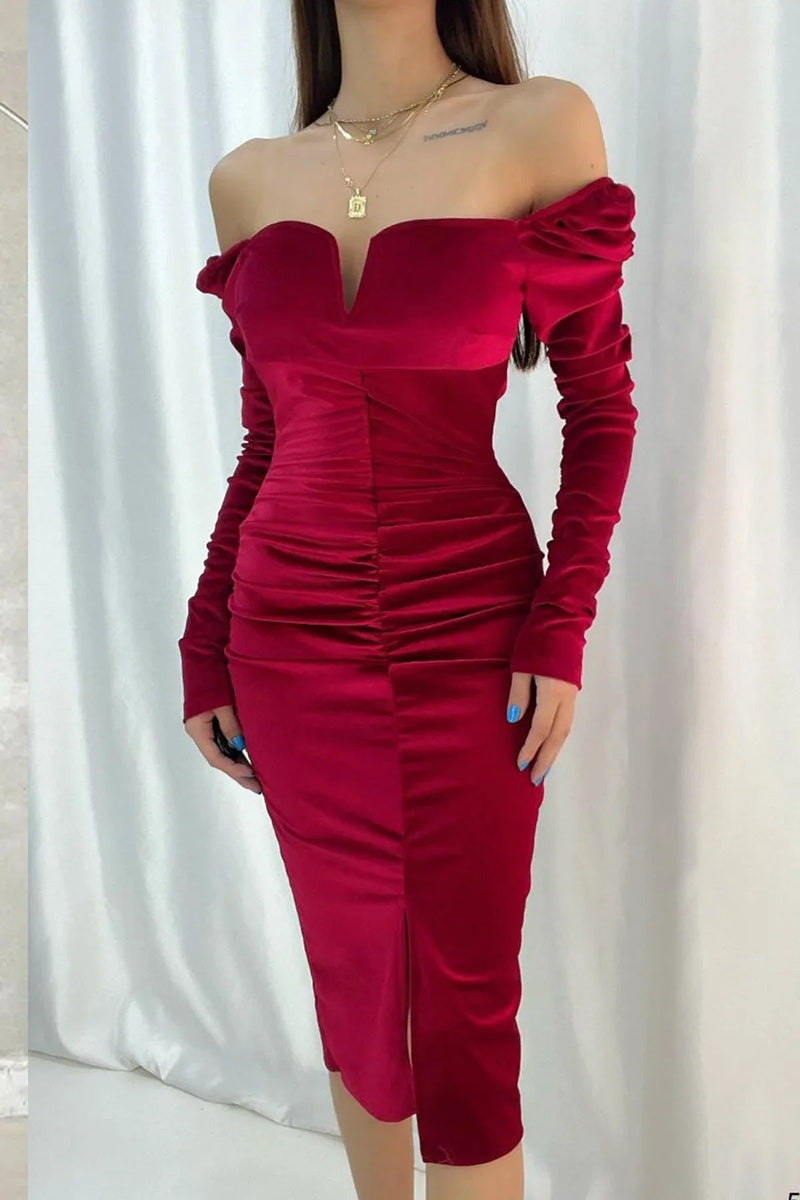 Women's Red Sweetheart Neck Draped Velvet Yeni Sezon Evening Gown