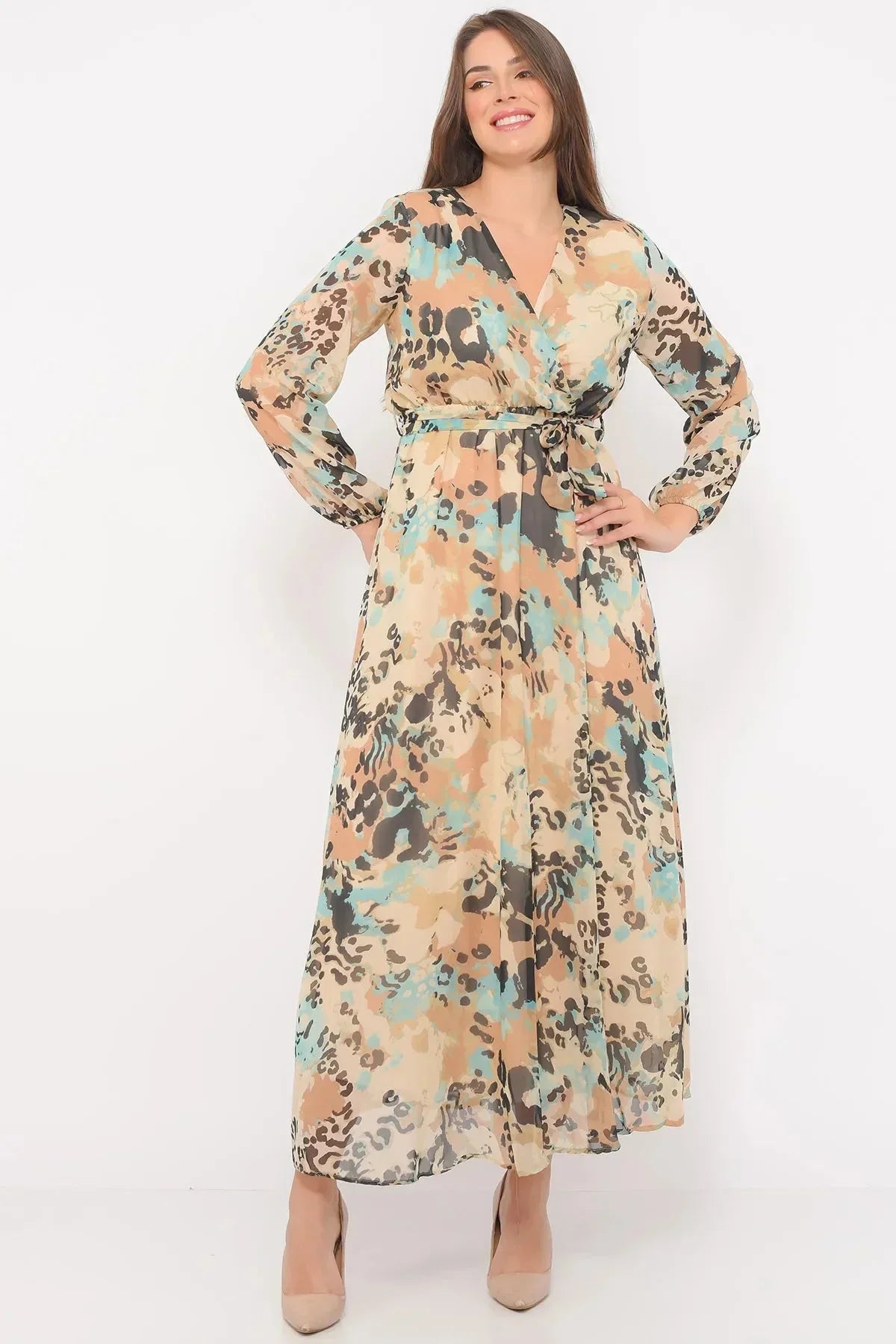 Women's Krem Batik Wrap Neck Chiffon Dress