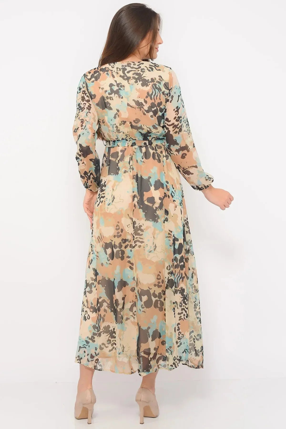 Women's Krem Batik Wrap Neck Chiffon Dress