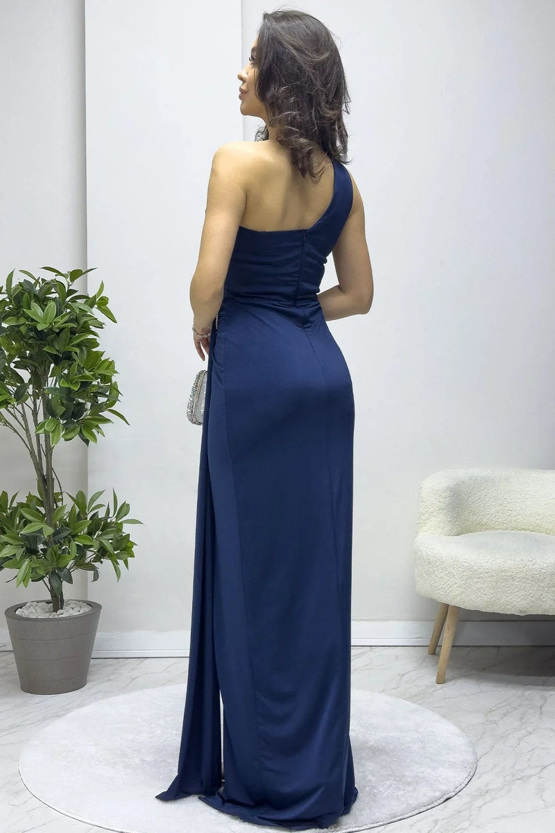 Women's Satin Navy Blue Tek Omuz Taş Detail Draped Slit Evening Gown - the ZKS