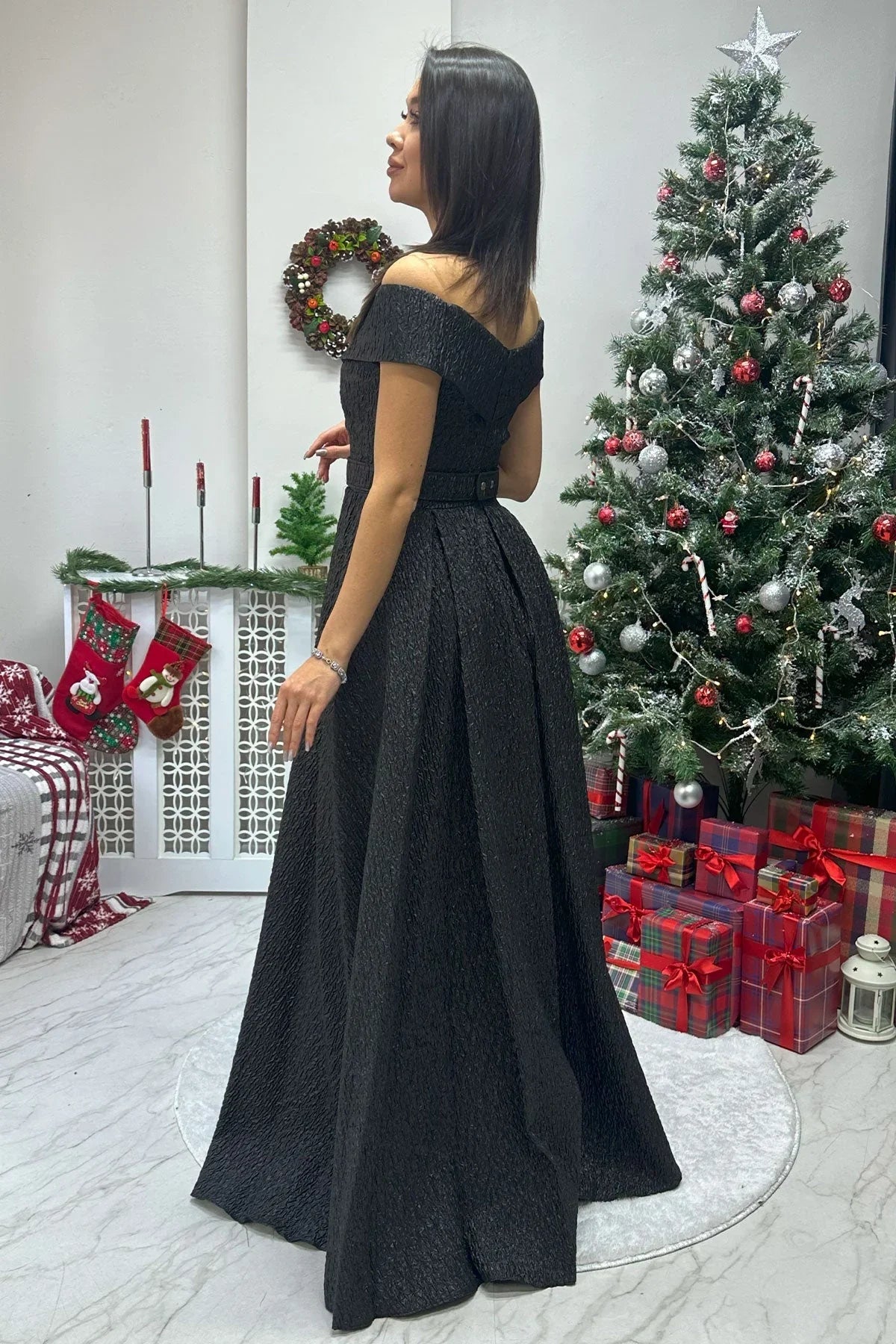 Women's Black Off-Shoulder Prenses Belted Tafta Evening Gown - the ZKS