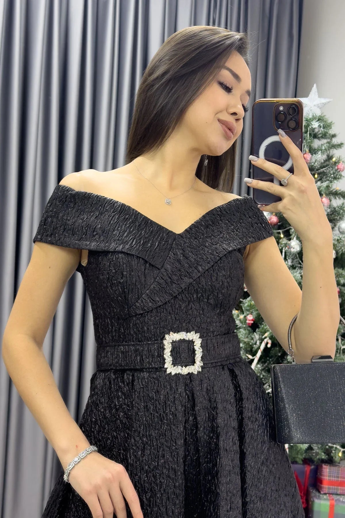 Women's Black Off-Shoulder Prenses Belted Tafta Evening Gown - the ZKS