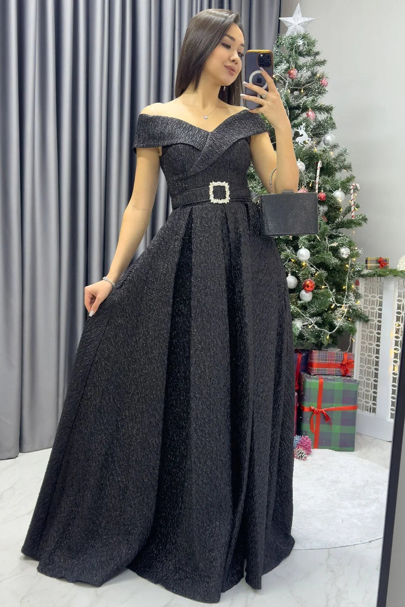 Women's Black Off-Shoulder Prenses Belted Tafta Evening Gown - the ZKS