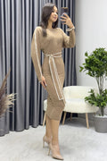 Beige Knitwear Belted Long Sleeve Pencil Dress