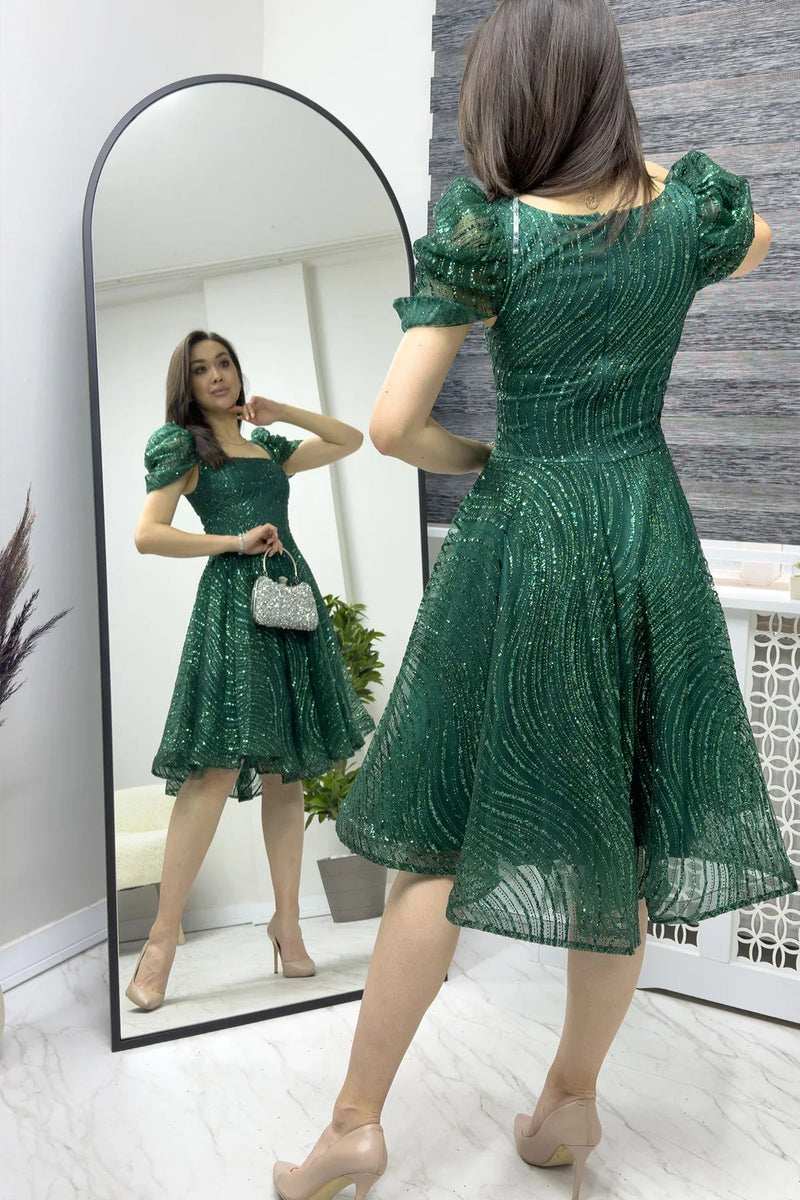 Women's Emerald Green Ruffled Square Neck Karpuz Sleeve Flared Evening Gown