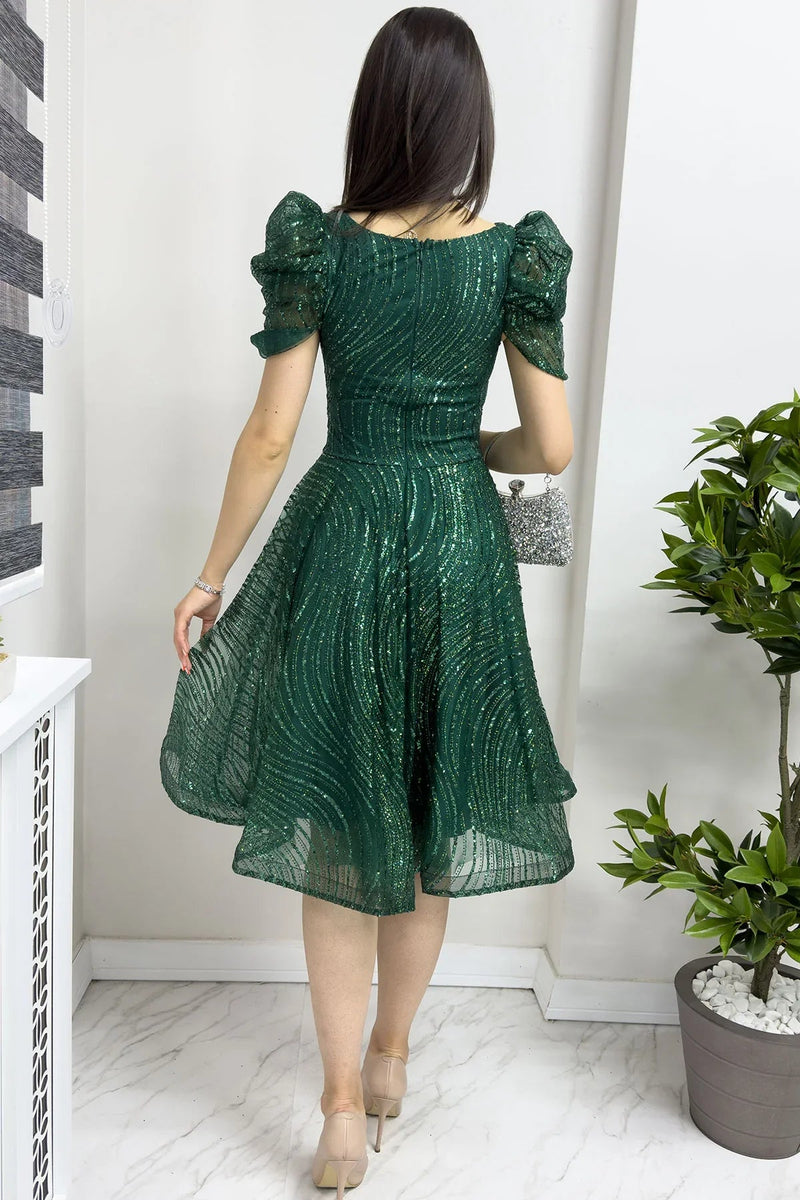 Women's Emerald Green Ruffled Square Neck Karpuz Sleeve Flared Evening Gown