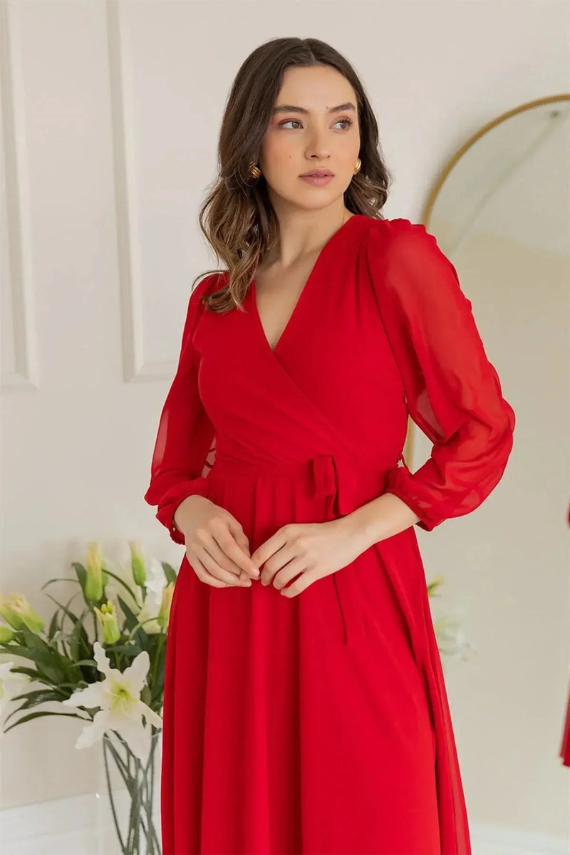 Women's Red Balloon Sleeve Wrap Midi Chiffon Dress
