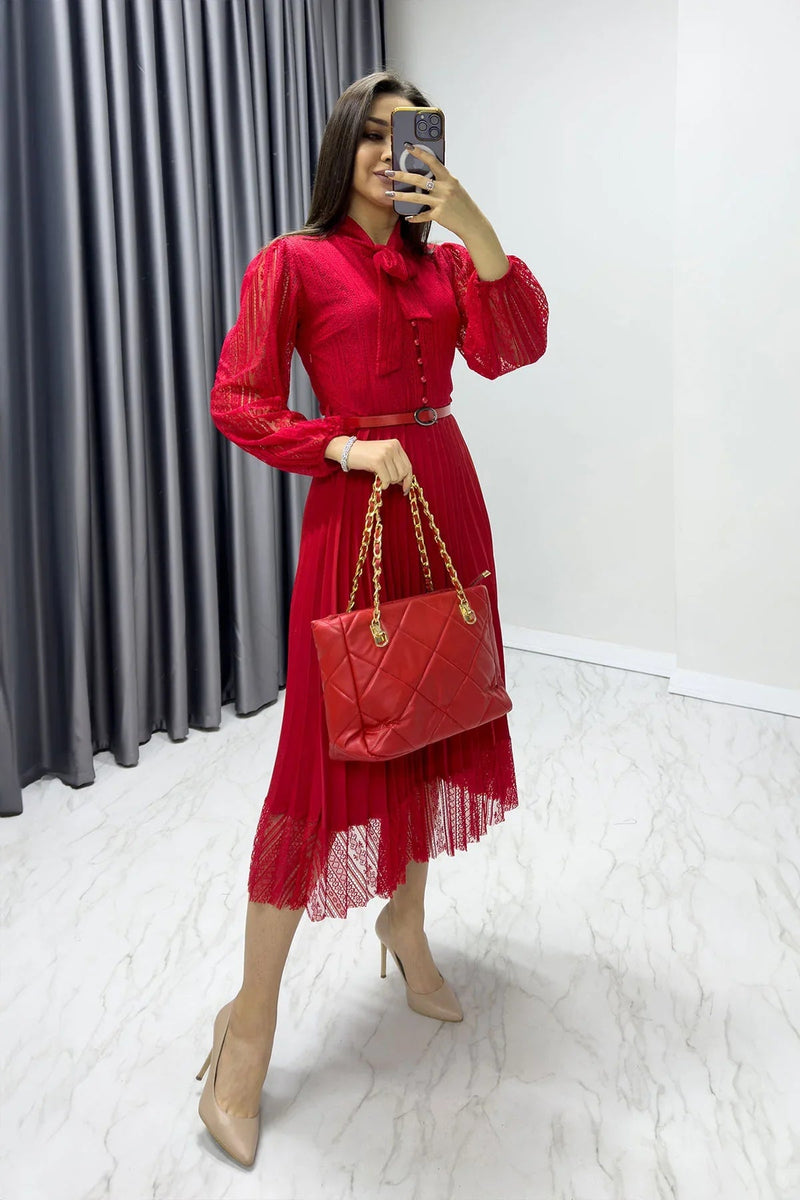 Women's Red Halter Tie Fransız Güpür Piliseli Evening Gown