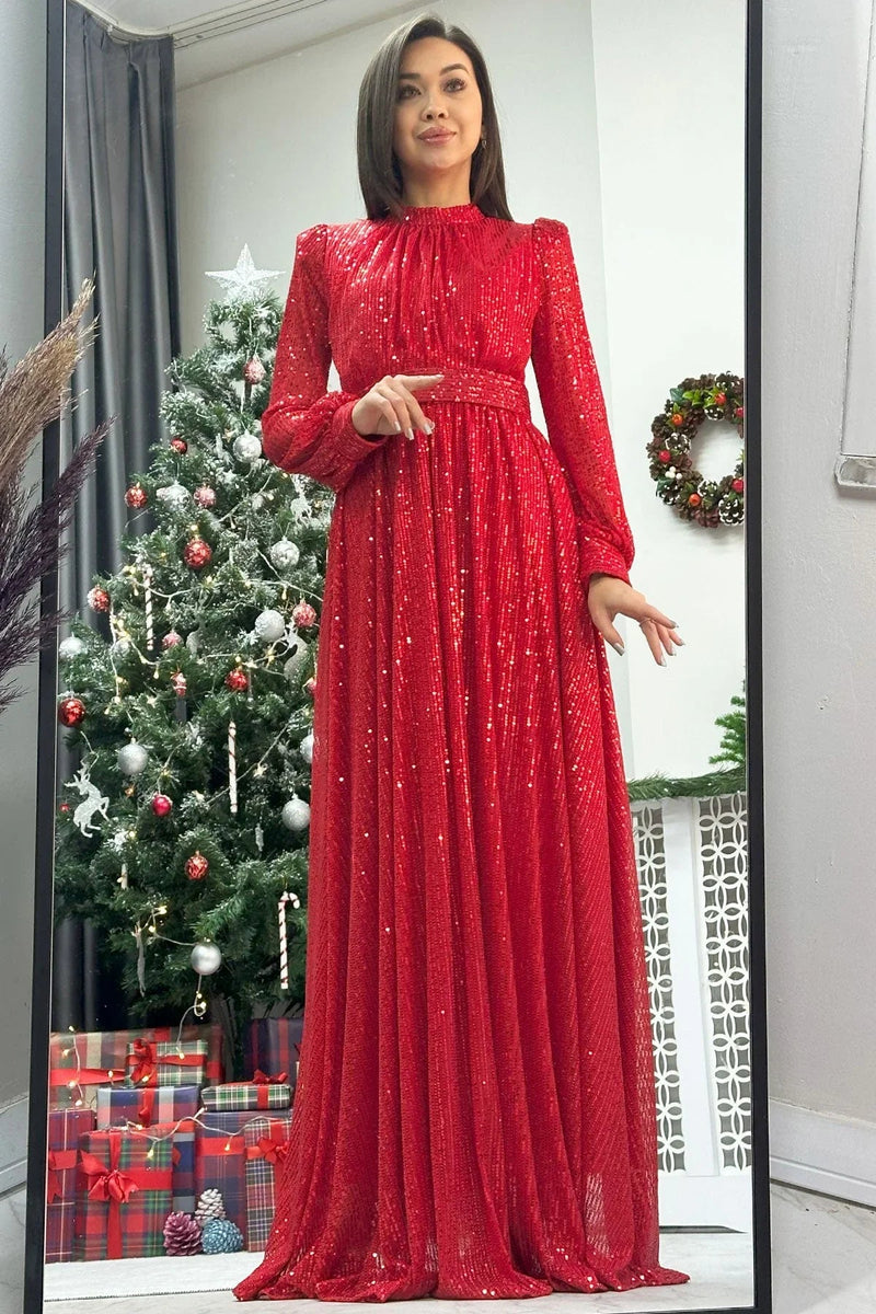 Women's Red Sequin Büzgü Detail Maxi Evening Gown - the ZKS