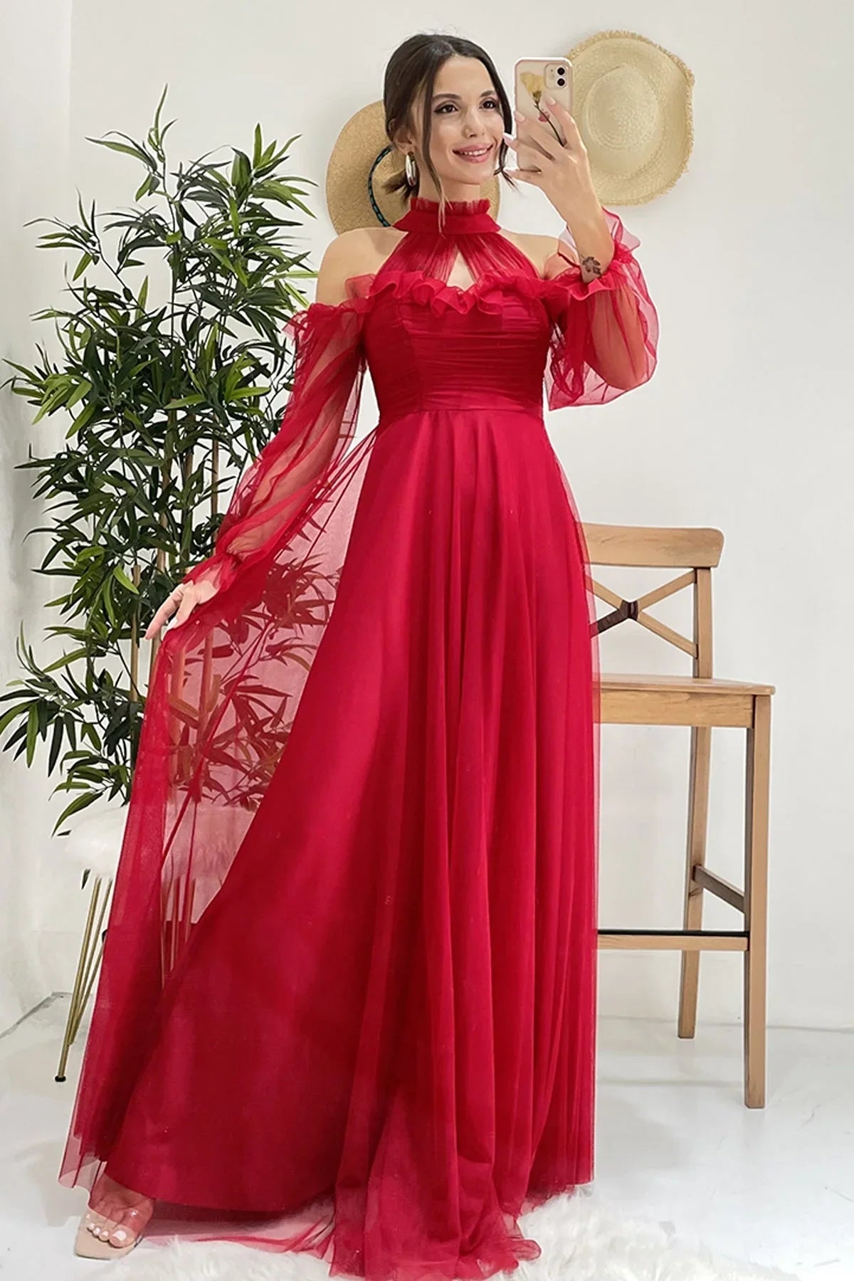Women's Red Tulle Draped Plus Size Evening Gown