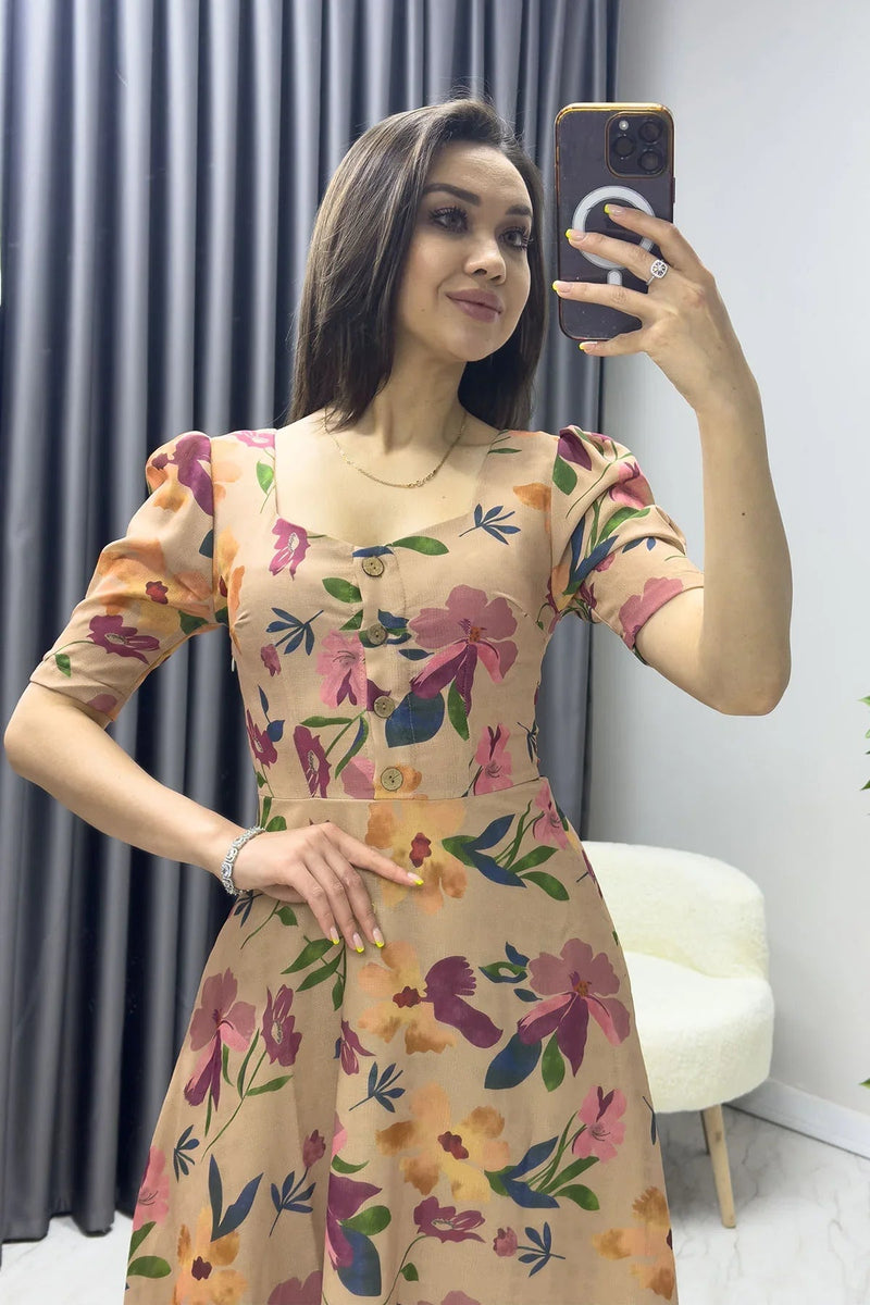 Women's Beige Short Sleeve Summer Çiçek Patterned Dress