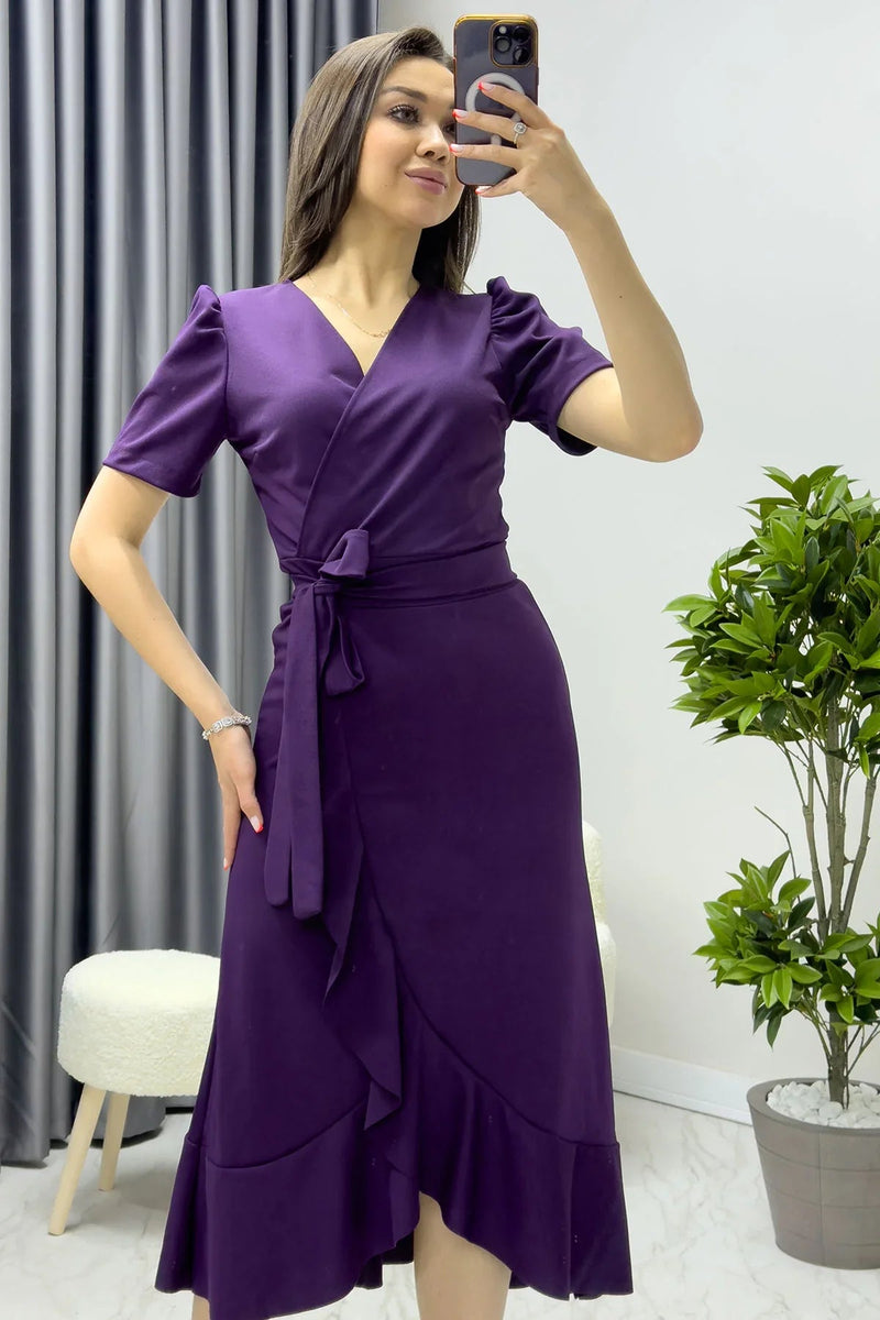 Women's Purple Short Karpuz Sleeve Wrap Belted Plus Size Dress