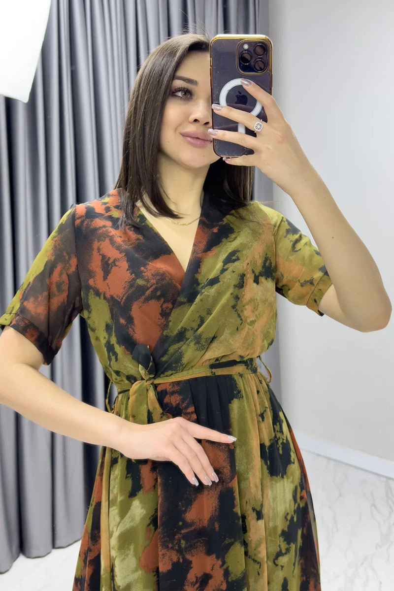 Women's Batik Short Sleeve Wrap Neck Plus Size Chiffon Dress