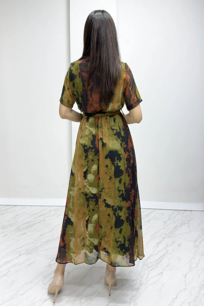 Women's Batik Short Sleeve Wrap Neck Plus Size Chiffon Dress