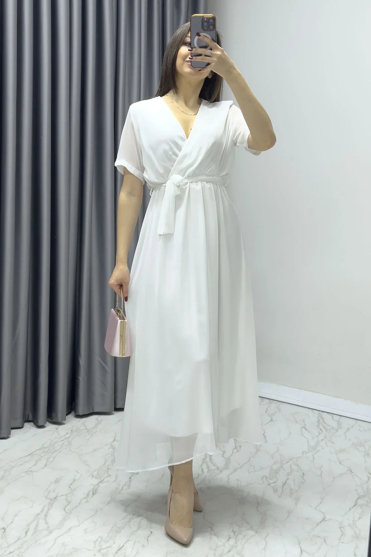 Women's White Short Sleeve Wrap Neck Chiffon Plus Size Dress