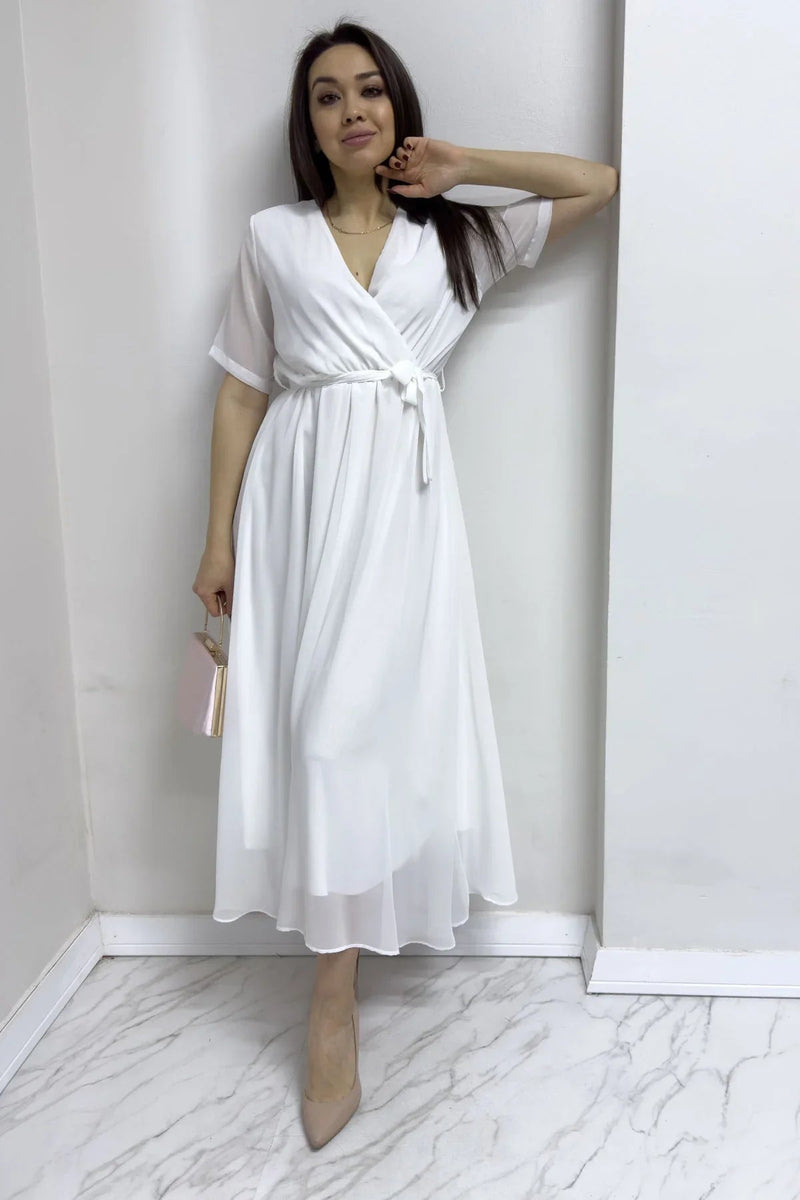 Women's White Short Sleeve Wrap Neck Chiffon Plus Size Dress