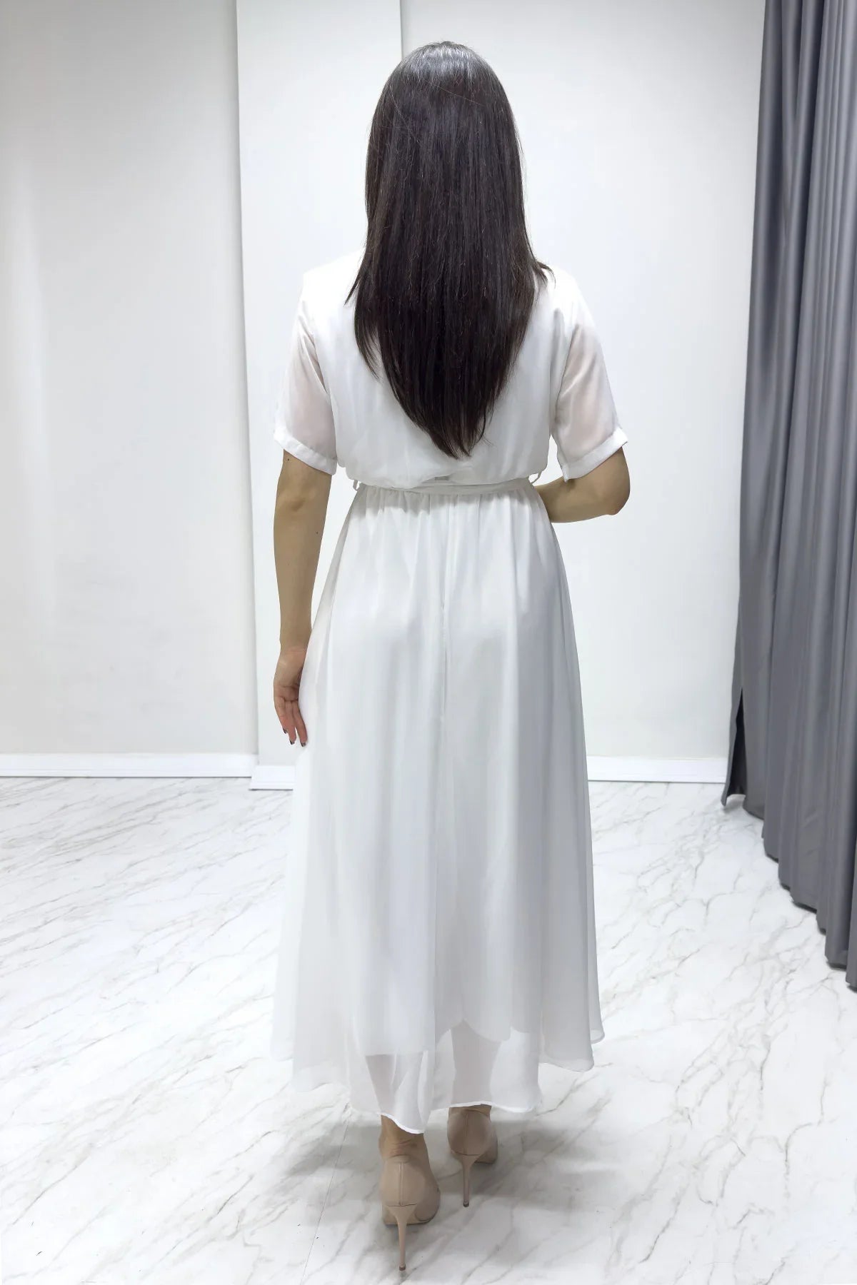 Women's White Short Sleeve Wrap Neck Chiffon Plus Size Dress