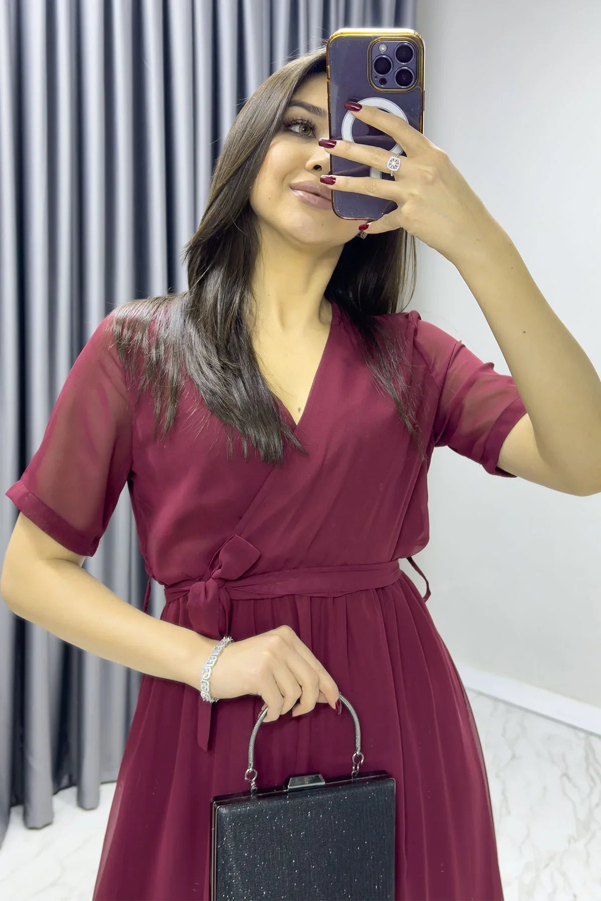 Women's Burgundy Short Sleeve Wrap Neck Chiffon Plus Size Dress