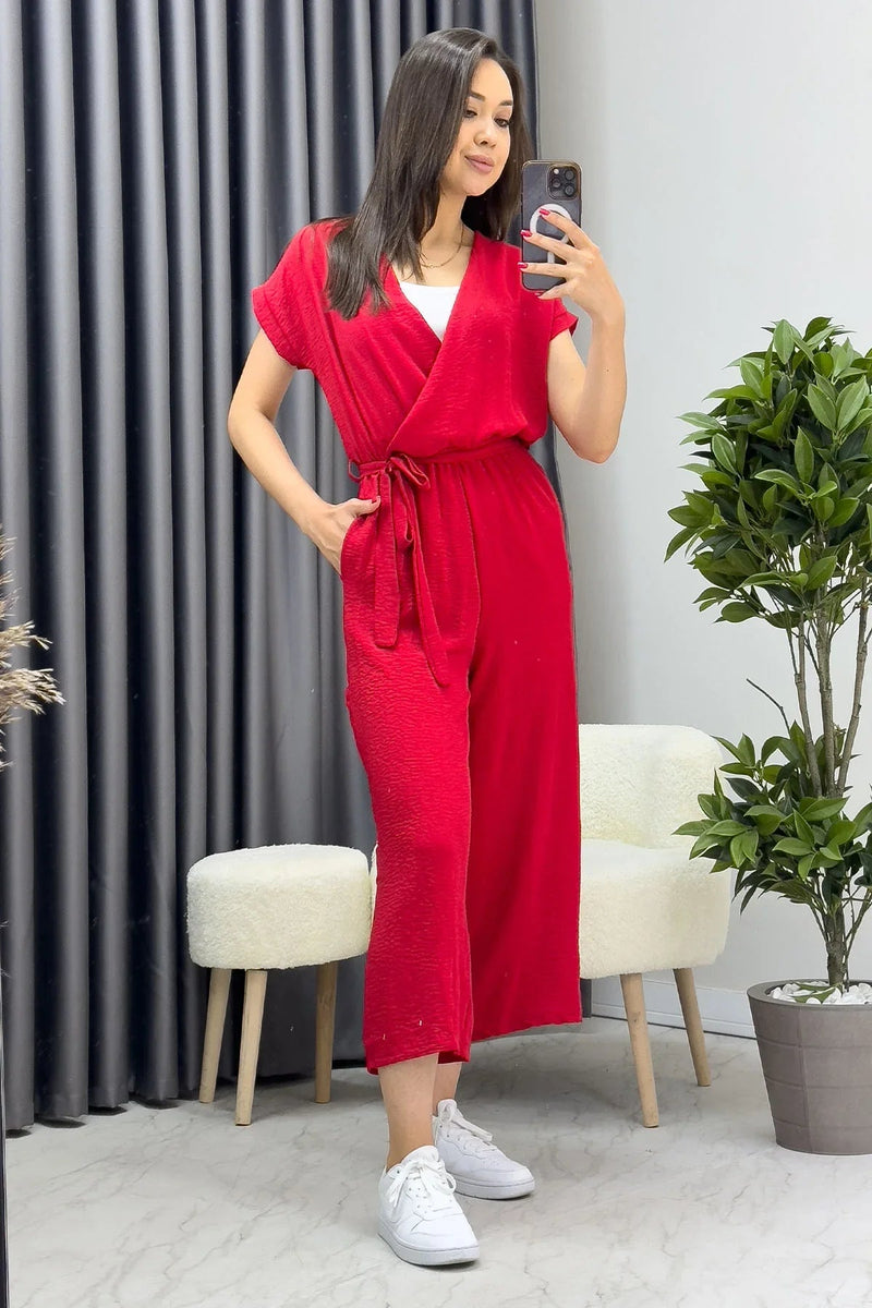 Women's Red Wrap Neck Belted Short Sleeve Jumpsuit