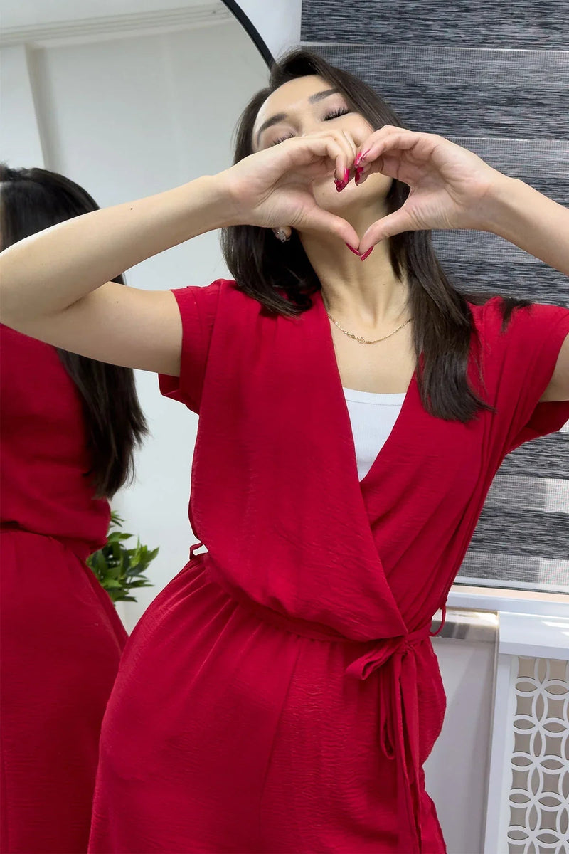 Women's Red Wrap Neck Belted Short Sleeve Jumpsuit