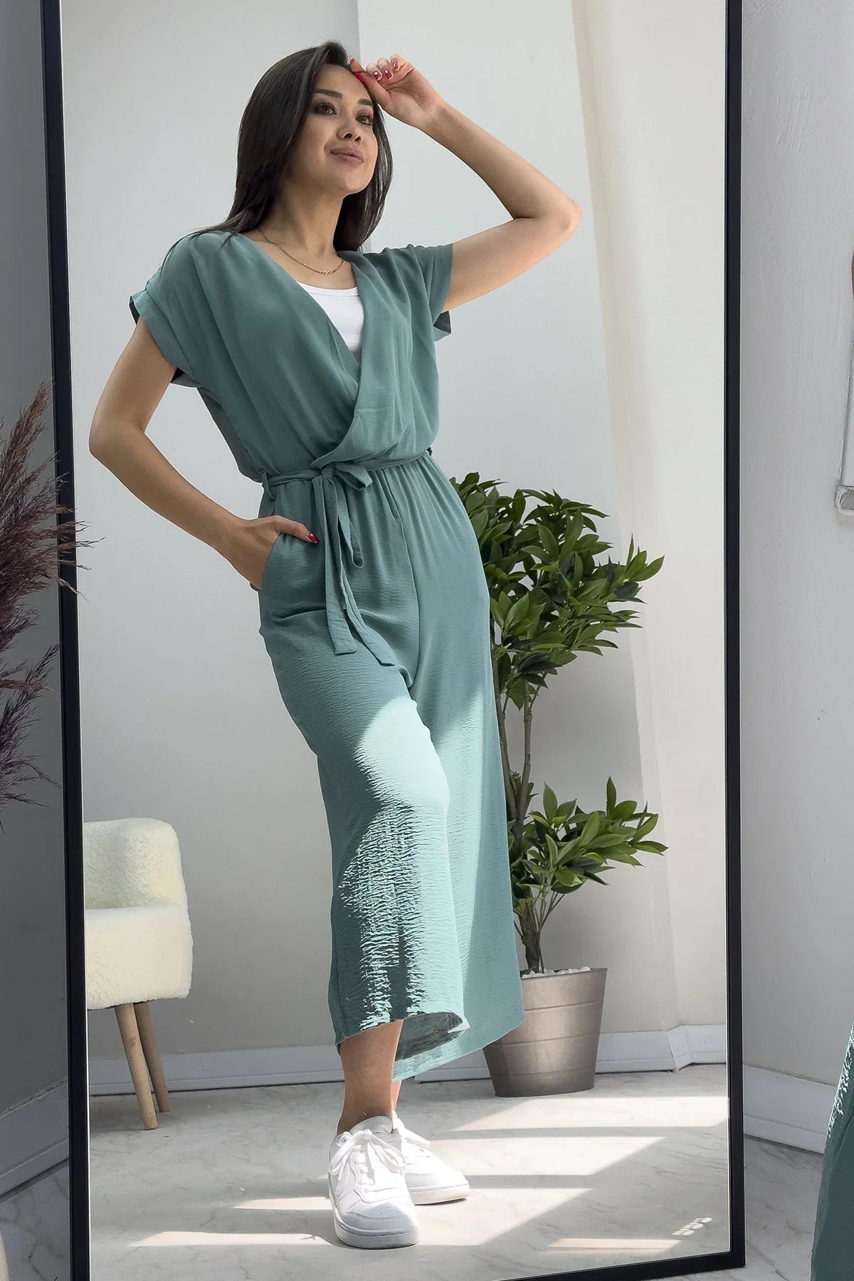 Women's Aqua Green Wrap Neck Belted Short Sleeve Jumpsuit