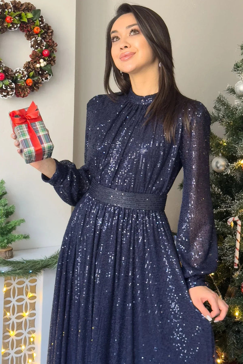 Women's Navy Blue Sequin Büzgü Detail Maxi Evening Gown - the ZKS