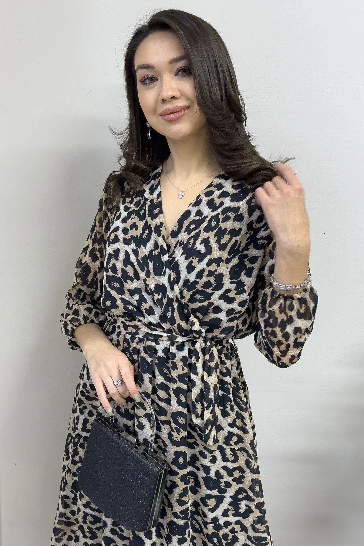 Women's Leopar Balloon Sleeve Wrap Midi Chiffon Dress - the ZKS