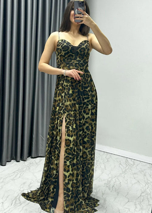 Leopar Stone Strap Maxi Abendkleid