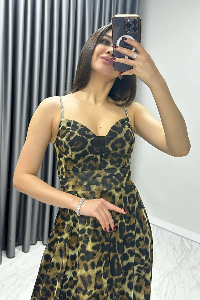 Women's Leopar Taş Strap Ayarlanabilir Slit Plus Size Evening Gown